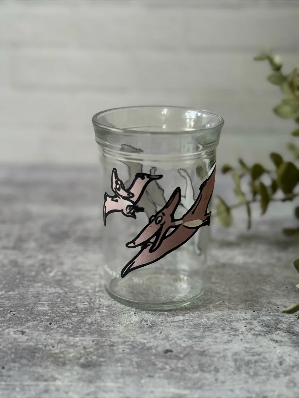 Vintage 1988 Dinosaur pterodactyl Welch's Glass Jam Jar 80s